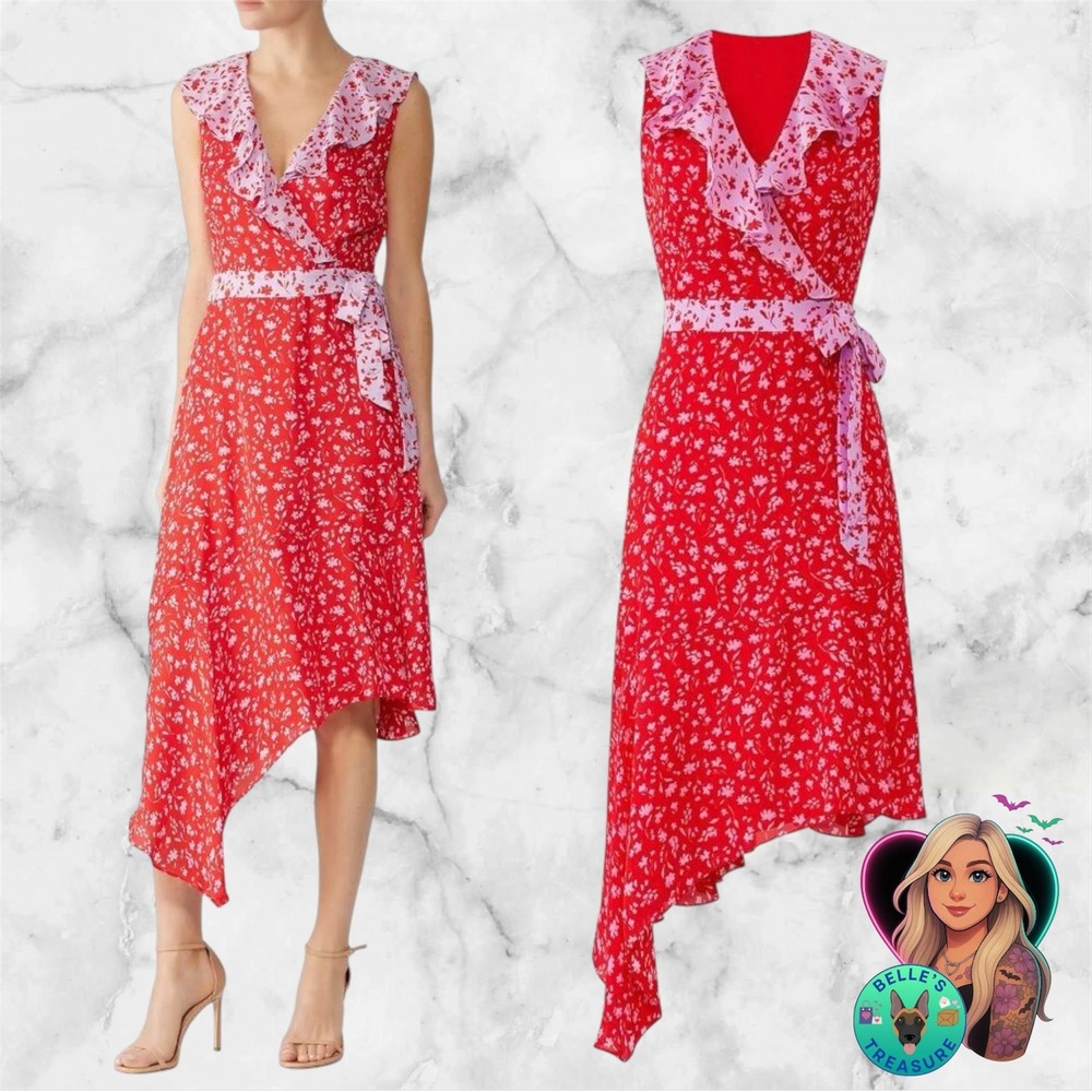 Parker‎ NY Women's 8 Jennifer Combo Silk Blend Ruffle Wrap Dress Red Pink Hi-Low